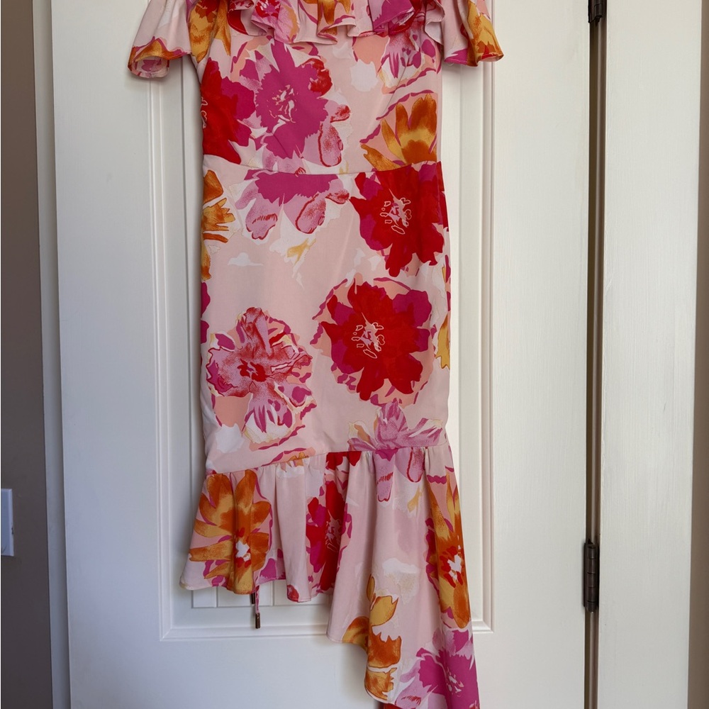 Off-Shoulder Pink Floral Asymmetrical Dress - Picture 3 of 3